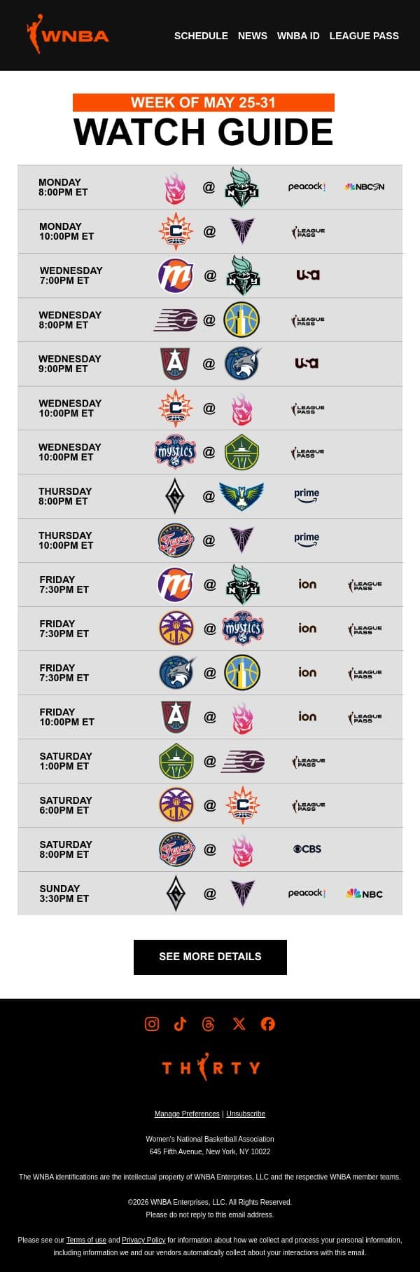 Your WNBA Watch Guide 🚀 The Season Takes Off email from WNBA screenshot