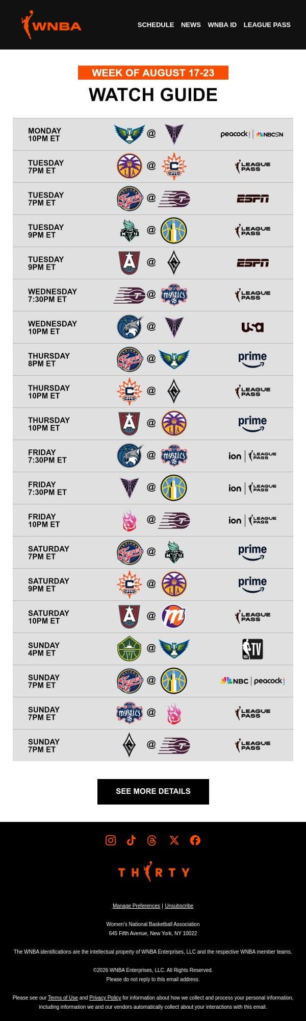 Your WNBA Watch Guide 🍽️ The W is Dishing Out the Action email from WNBA screenshot