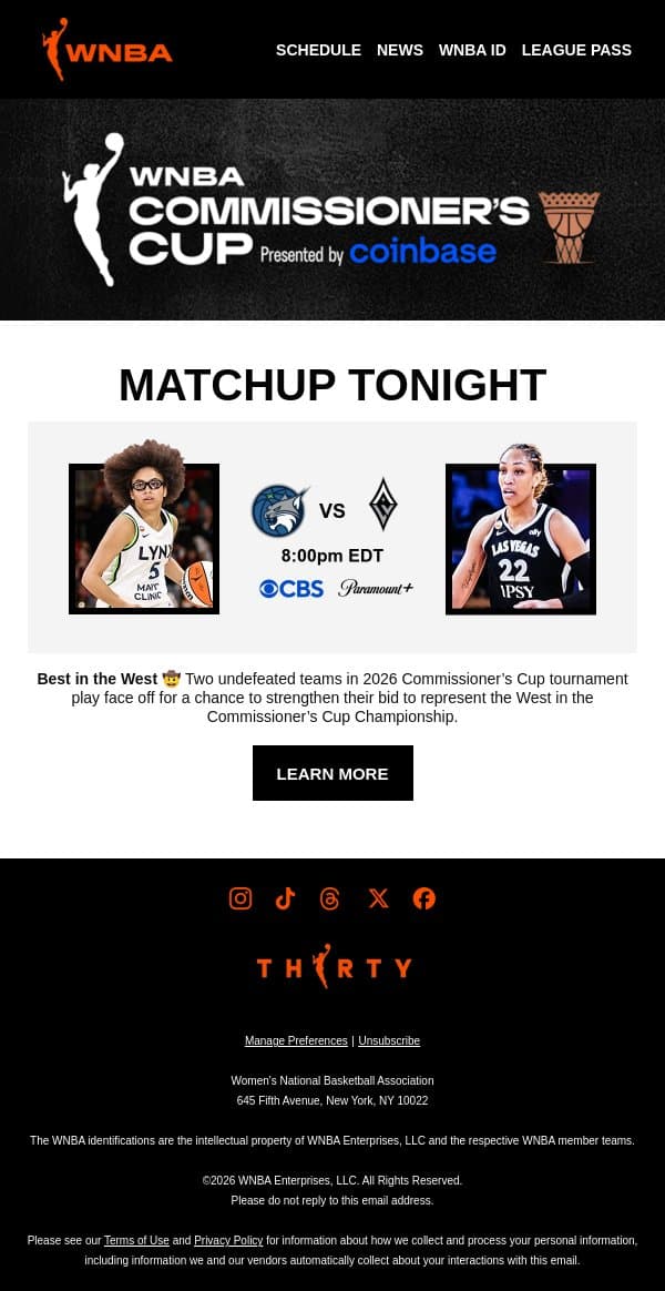 Tonight on CBS 📈 MIN vs LVA email from WNBA screenshot