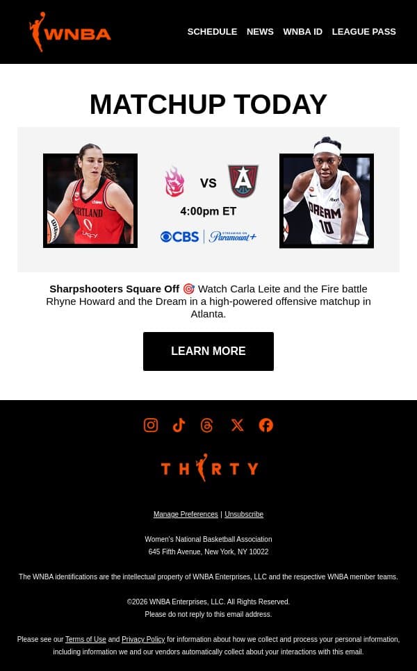 Today on CBS and Paramount+ 🏀 PDX vs ATL email from WNBA screenshot