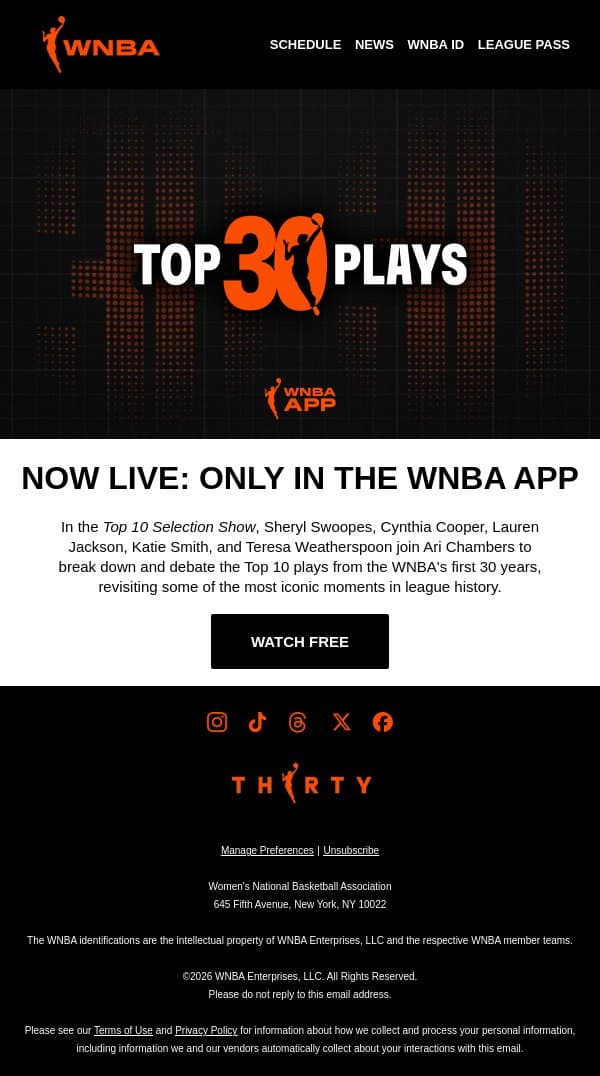 Top 10 Selection Show 🎬 Now Streaming in the WNBA App email from WNBA screenshot
