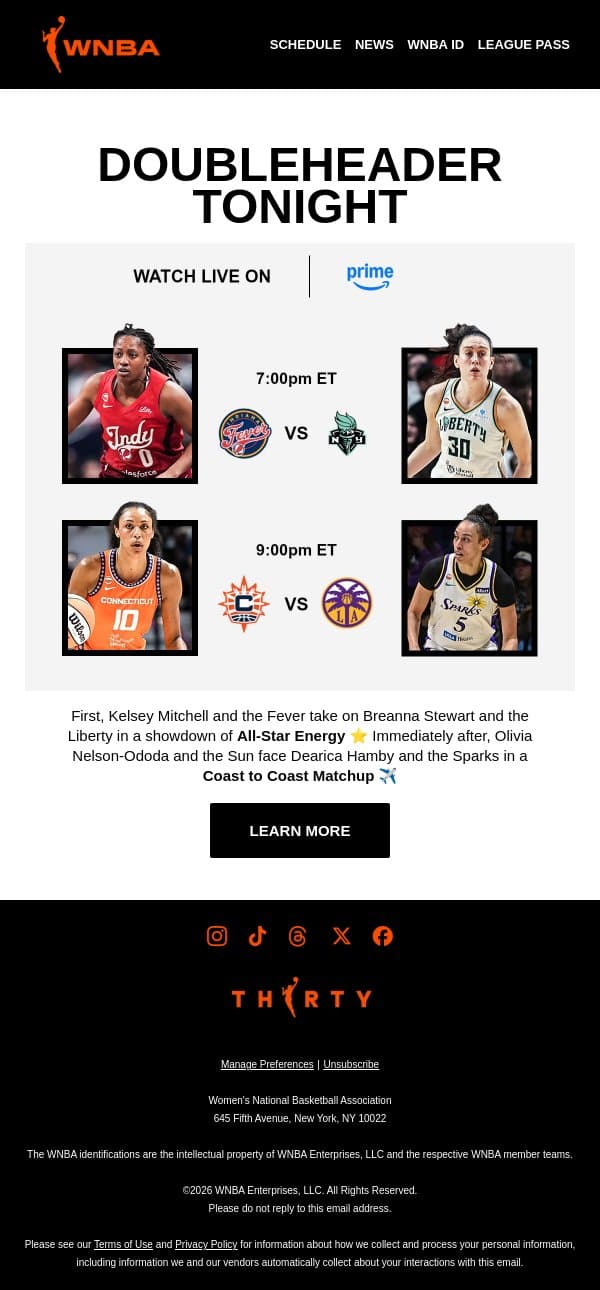 Tonight on Prime 🏀 IND vs NYL and CON vs LAS email from WNBA screenshot