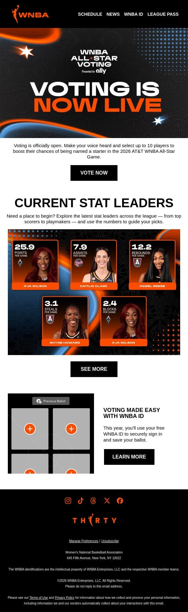 All-Star Voting is LIVE 🤩 email from WNBA screenshot