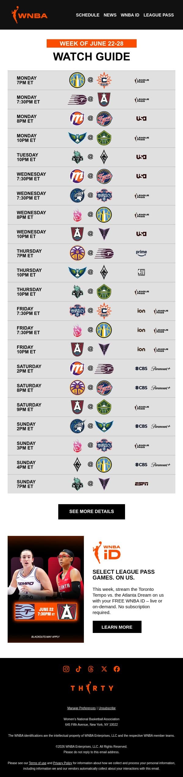 Your WNBA Watch Guide ⬅️ Back to Regular Scheduled Programming email from WNBA screenshot