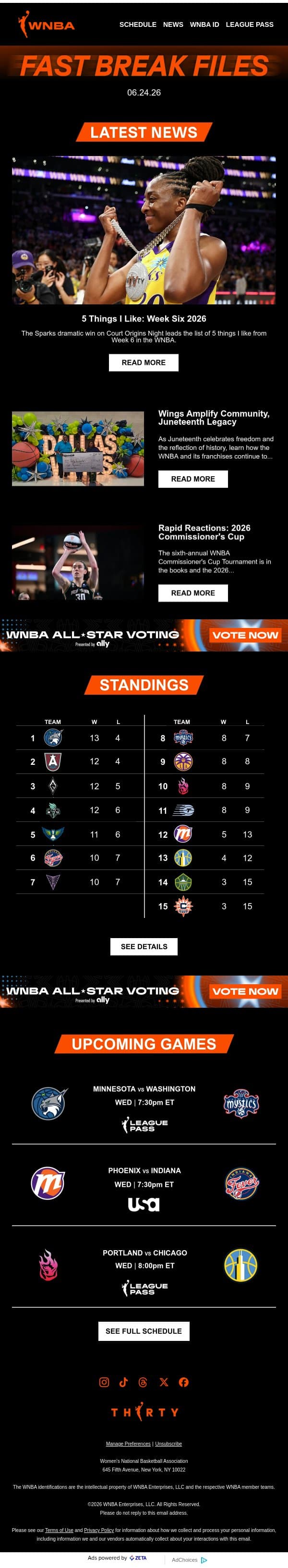 The W is Putting on a Show 🎭 email from WNBA screenshot