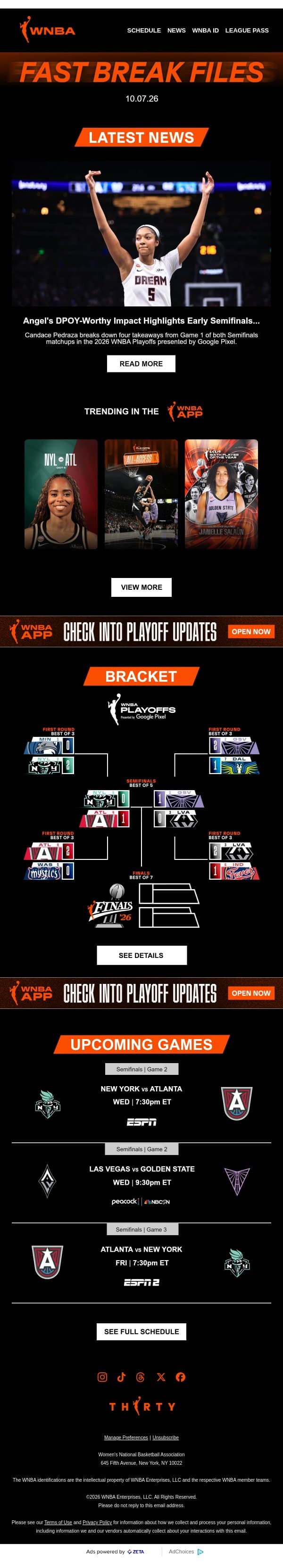 Stars Shine in the Semis 🌟 email from WNBA screenshot