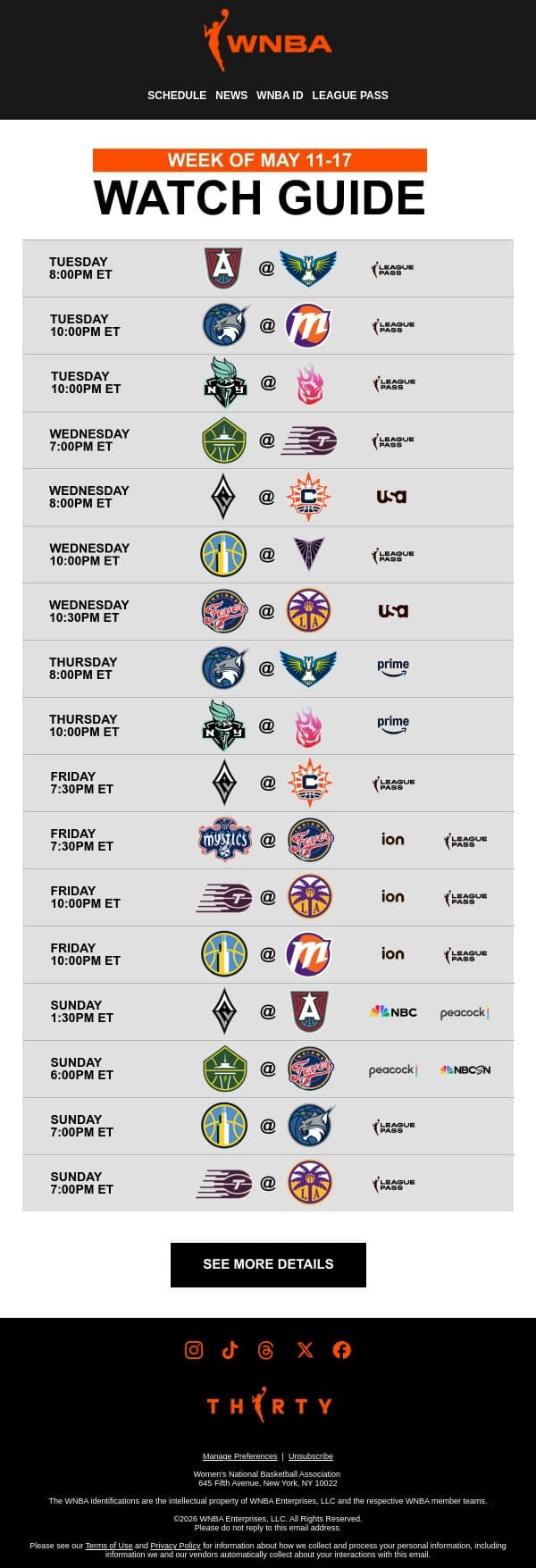 Your WNBA Watch Guide 📺 email from WNBA screenshot