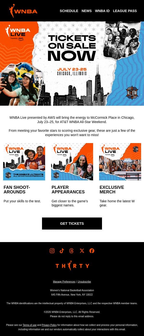 🎉 Tickets NOW Available for WNBA Live: July 23-25 in Chicago email from WNBA screenshot