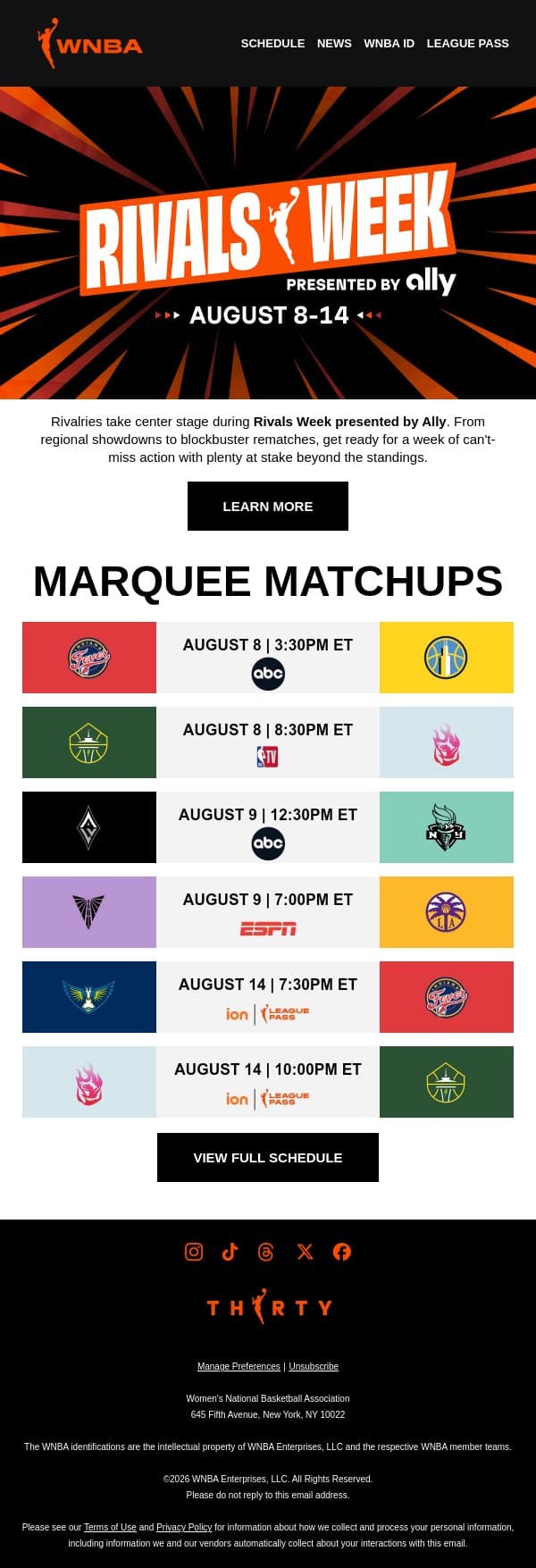 💥 The W's Biggest Rivalries Take Center Stage email from WNBA screenshot