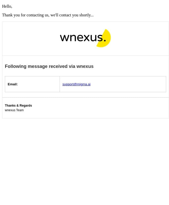Thank you for contacting us from WNEXUS email from WNEXUS screenshot