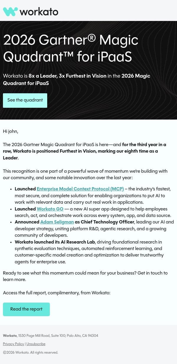 New! 2026 Gartner® Magic Quadrant™ for iPaaS email from Workato screenshot