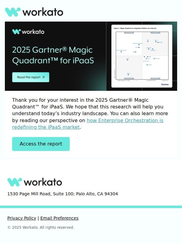 Your copy of the 2025 Gartner Magic Quadrant for iPaaS email from Workato screenshot