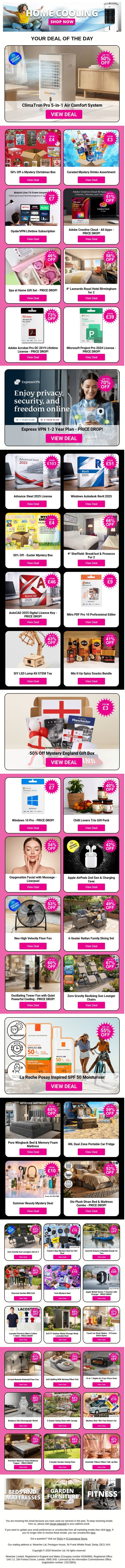 ClimaTron Pro 5-in-1 Air Comfort System | 50% Off a Mystery Christmas Box | Curated Mystery Drinks Assortment | OysterVPN Lifetime Subscription | Adobe Creative Cloud - All Apps email from Wowcher screenshot