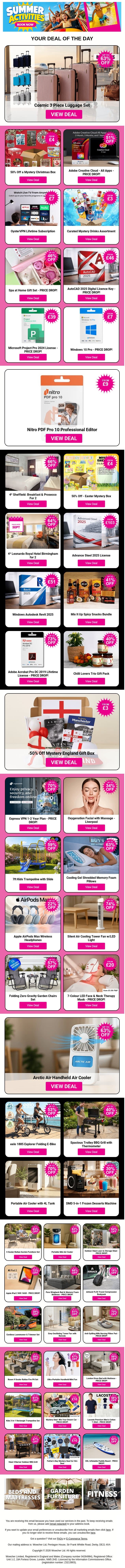 Cosmic 3 Piece Luggage Set | 50% Off a Mystery Christmas Box | Adobe Creative Cloud - All Apps | OysterVPN Lifetime Subscription | Curated Mystery Drinks Assortment email from Wowcher screenshot