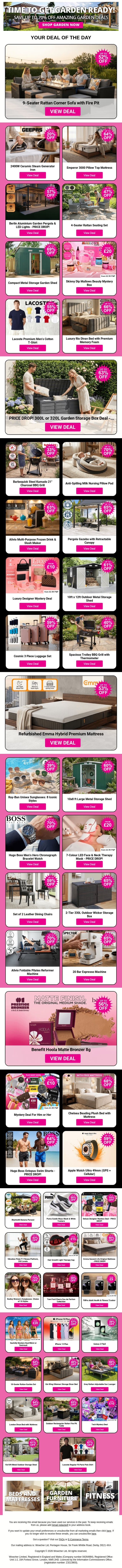 Grab Amazing Deals Like 9-Seater Rattan Corner Sofa with Fire Pit - PRICE DROP! and 2400W Ceramic Steam Generator Iron and Emperor 3000 Pillow Top Mattress plus MORE !!! email from Wowcher screenshot