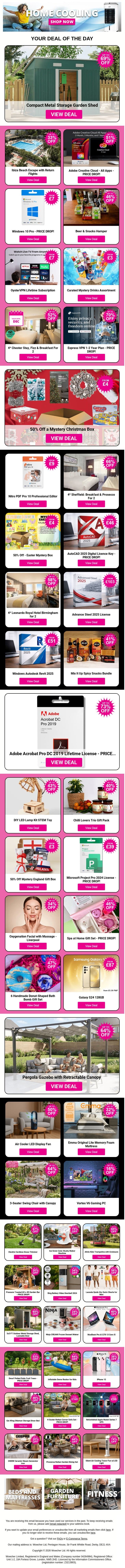 Compact Metal Storage Garden Shed | Ibiza Beach Escape with Return Flights | Adobe Creative Cloud - All Apps | Windows 10 Pro - PRICE DROP! | Beer & Snacks Hamper email from Wowcher screenshot