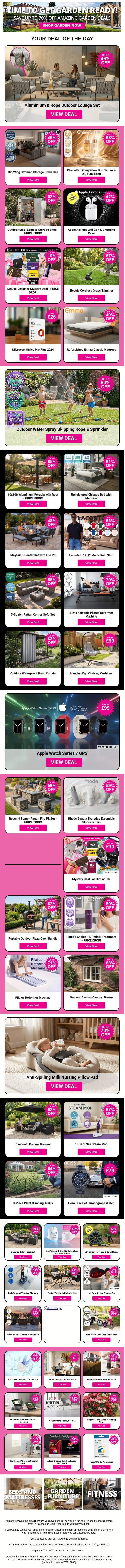 Aluminium & Rope Outdoor Lounge Set | Gio Wing Ottoman Storage Divan Bed | Charlotte Tilbury Glow Duo Serum & Oil, 30ml Each | Outdoor Steel Lean-to Storage Shed - PRICE DROP! | Apple AirPods 2nd Gen & Charging Case email from Wowcher screenshot