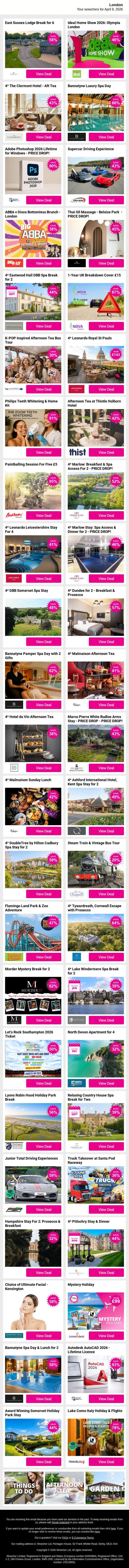 East Sussex Lodge Break for 6 | Ideal Home Show 2026: Olympia London | 4* The Clermont Hotel - Aft Tea | Bannatyne Luxury Spa Day | Adobe Photoshop 2026 Lifetime for Windows email from Wowcher screenshot