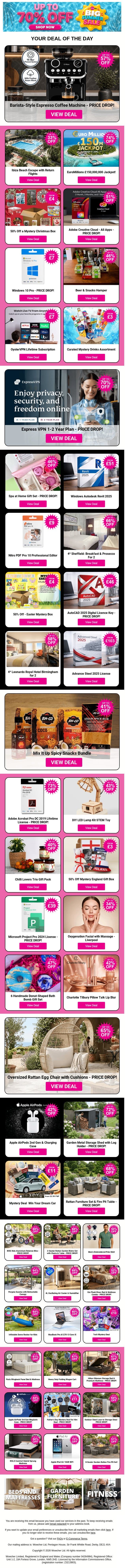 Barista-Style Espresso Coffee Machine - PRICE DROP! | Ibiza Beach Escape with Return Flights | EuroMillions £150,000,000 Jackpot! | 50% Off a Mystery Christmas Box | Adobe Creative Cloud - All Apps email from Wowcher screenshot
