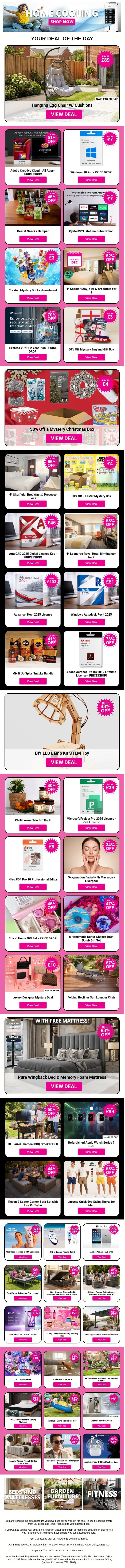Hanging Egg Chair w/ Cushions | Adobe Creative Cloud - All Apps | Windows 10 Pro - PRICE DROP! | Beer & Snacks Hamper | OysterVPN Lifetime Subscription email from Wowcher screenshot