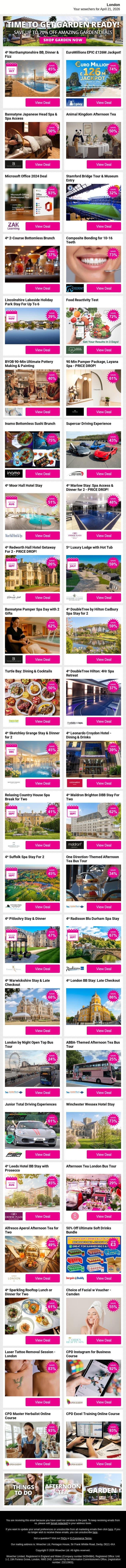4* Northamptonshire BB, Dinner & Fizz | EuroMillions 10 Guaranteed UK Millionaires & £114M Jackpot! | Bannatyne Japanese Head Spa & Spa Access | Animal Kingdom Afternoon Tea | Microsoft Office 2024 Deal email from Wowcher screenshot