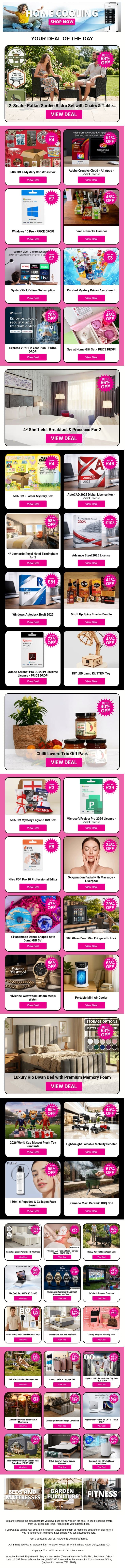 2-Seater Rattan Garden Bistro Set with Chairs & Table - PRICE DROP! | 50% Off a Mystery Christmas Box | Adobe Creative Cloud - All Apps | Windows 10 Pro - PRICE DROP! | Beer & Snacks Hamper email from Wowcher screenshot