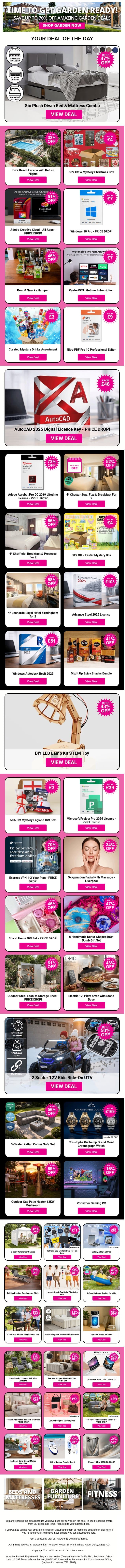 Gio Plush Divan Bed & Mattress Combo | Ibiza Beach Escape with Return Flights | 50% Off a Mystery Christmas Box | Adobe Creative Cloud - All Apps | Windows 10 Pro - PRICE DROP! email from Wowcher screenshot