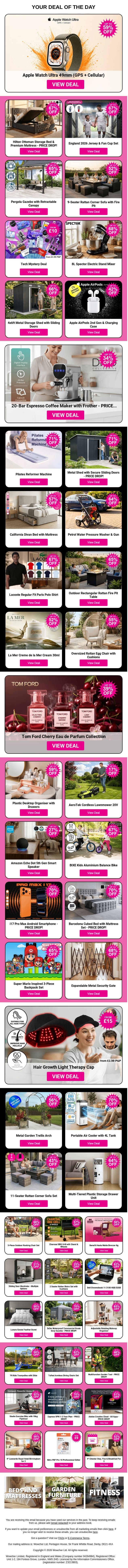 Apple Watch Ultra 49mm (GPS + Cellular) | Hilton Ottoman Storage Bed & Premium Mattress - PRICE DROP! | England 2026 Jersey & Fan Cup Set | Pergola Gazebo with Retractable Canopy | 9-Seater Rattan Corner Sofa with Fire Pit email from Wowcher screenshot