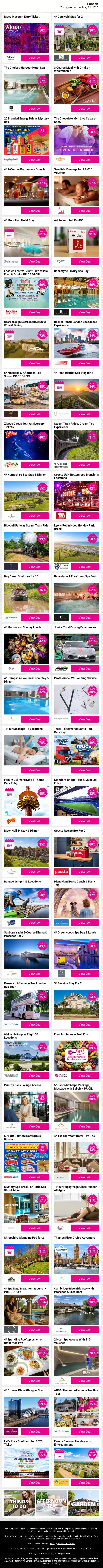 Moco Museum Entry Ticket | 4* Cotswold Stay for 2 | The Chelsea Harbour Hotel Spa | 3 Course Meal with Drinks - Westminster | 20 Branded Energy Drinks Mystery Box email from Wowcher screenshot
