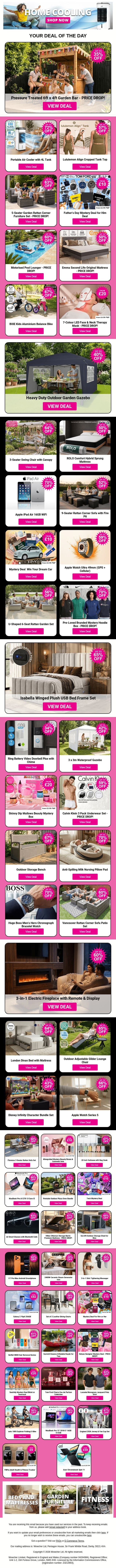 Grab Amazing Deals Like Pressure Treated 6ft x 4ft Garden Bar - PRICE DROP! and Portable Air Cooler with 4L Tank and Lululemon Align Cropped Tank Top with Shelf Bra plus MORE !!! email from Wowcher screenshot