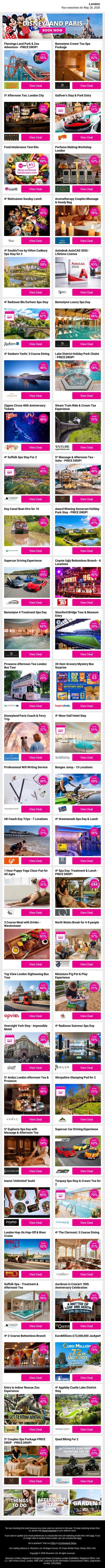 Ease Into The Week With London Treats Like Flamingo Land Park & Zoo Adventure - PRICE DROP! and Bannatyne Cream Tea Spa Package and 5* Afternoon Tea: London City plus MORE email from Wowcher screenshot