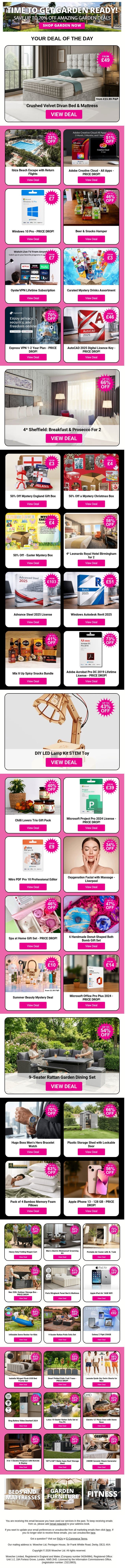 Crushed Velvet Divan Bed & Mattress | Ibiza Beach Escape with Return Flights | Adobe Creative Cloud - All Apps | Windows 10 Pro - PRICE DROP! | Beer & Snacks Hamper email from Wowcher screenshot