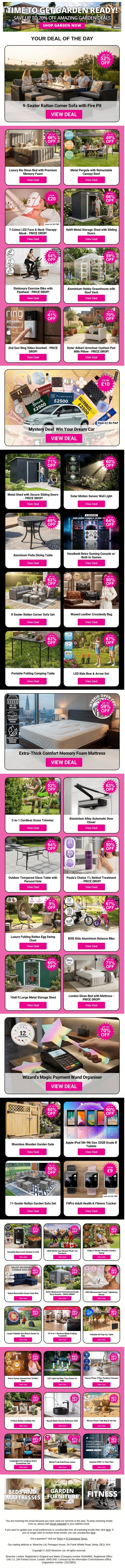 9-Seater Rattan Corner Sofa with Fire Pit - PRICE DROP! | Luxury Rio Divan Bed with Premium Memory Foam | Metal Pergola with Retractable Canopy Roof | 7-Colour LED Face & Neck Therapy Mask - PRICE DROP! | 4x6ft Metal Storage Shed with Sliding Doors email from Wowcher screenshot
