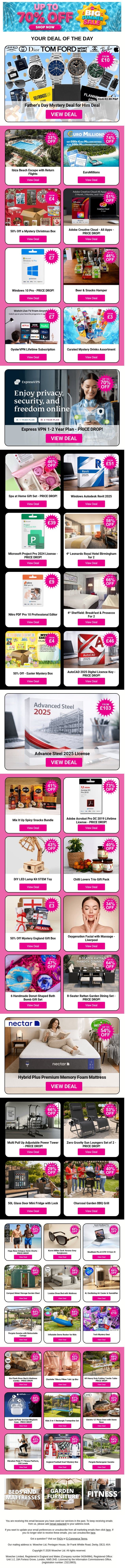 Father's Day Mystery Deal for Him Deal | Ibiza Beach Escape with Return Flights | EuroMillions | 50% Off a Mystery Christmas Box | Adobe Creative Cloud - All Apps email from Wowcher screenshot