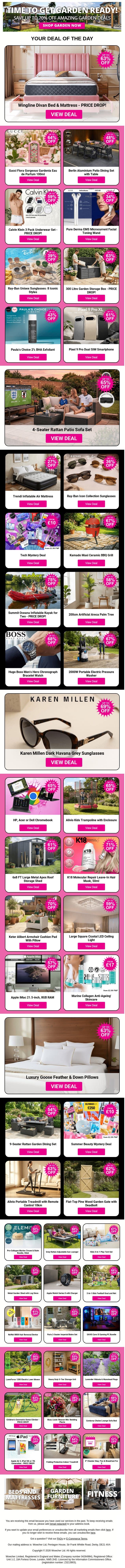 Wingline Divan Bed & Mattress - PRICE DROP! | Gucci Flora Gorgeous Gardenia Eau de Parfum 100ml | Berlin Aluminium Patio Dining Set with Table | Calvin Klein 3 Pack Underwear Set - PRICE DROP! | Pure Derma EMS Microcurrent Facial Toning Wand email from Wowcher screenshot