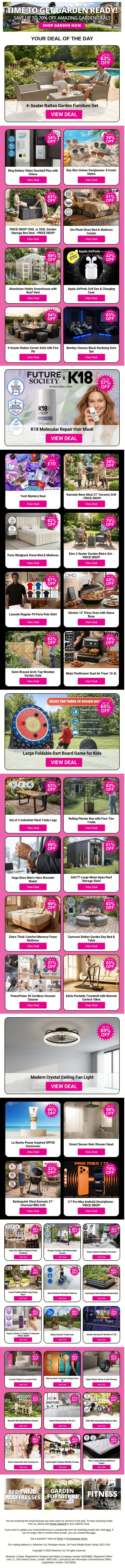 4-Seater Rattan Garden Furniture Set | Ring Battery Video Doorbell Plus with Chime | Ray-Ban Unisex Sunglasses: 8 Iconic Styles | PRICE DROP! 300L or 320L Garden Storage Box Deal | Gio Plush Divan Bed & Mattress Combo email from Wowcher screenshot