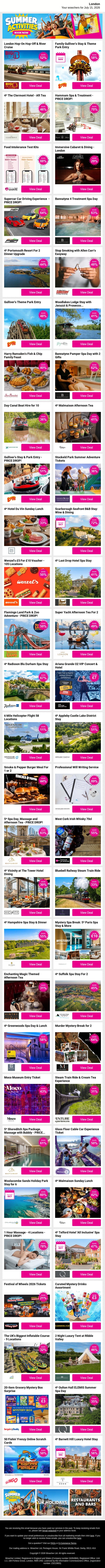 London Hop-On Hop-Off & River Cruise | Family Gulliver's Stay & Theme Park Entry | 4* The Clermont Hotel - Aft Tea | Hammam Spa & Treatment | Food Intolerance Test Kits email from Wowcher screenshot
