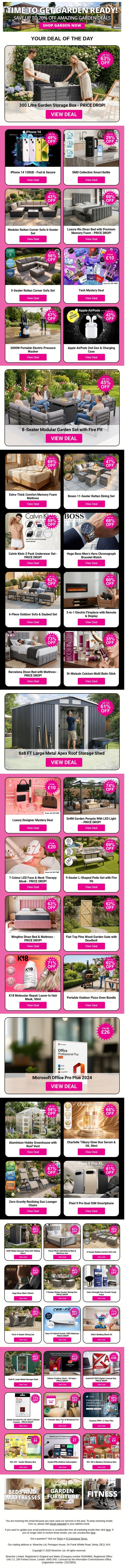 300 Litre Garden Storage Box | iPhone 14 128GB - Fast & Secure | DMD Collective Smart Kettle | Modular Rattan Corner Sofa 6-Seater Set | Luxury Rio Divan Bed with Premium Memory Foam - PRICE DROP! email from Wowcher screenshot