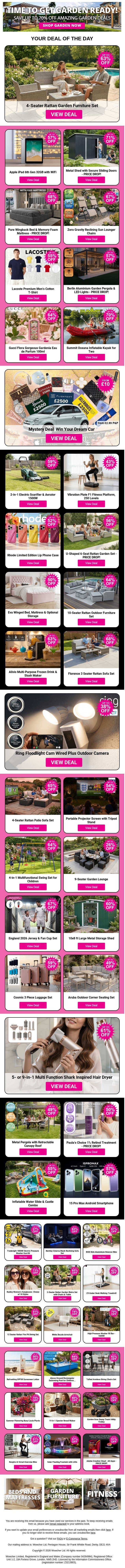 4-Seater Rattan Garden Furniture Set | Apple iPad 6th Gen 32GB with WiFi | Metal Shed with Secure Sliding Doors - PRICE DROP! | Pure Wingback Bed & Memory Foam Mattress - PRICE DROP! | Zero Gravity Reclining Sun Lounger Chairs email from Wowcher screenshot