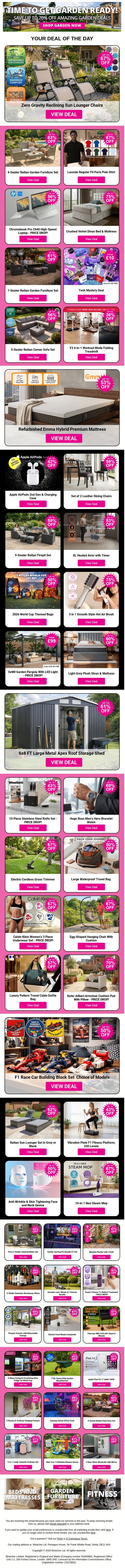 Grab Amazing Deals Like Zero Gravity Reclining Sun Lounger Chairs and 4-Seater Rattan Garden Furniture Set and Lacoste Regular Fit Paris Polo Shirt plus MORE !!! email from Wowcher screenshot
