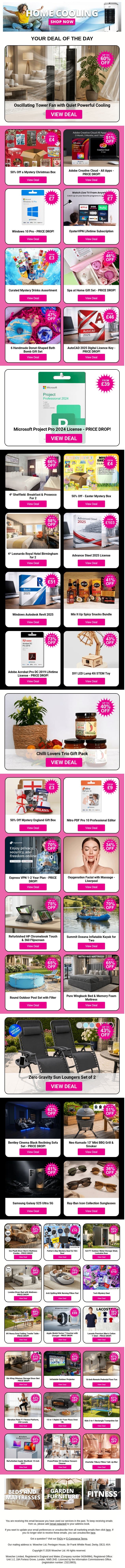 Oscillating Tower Fan with Quiet Powerful Cooling | 50% Off a Mystery Christmas Box | Adobe Creative Cloud - All Apps | Windows 10 Pro - PRICE DROP! | OysterVPN Lifetime Subscription email from Wowcher screenshot