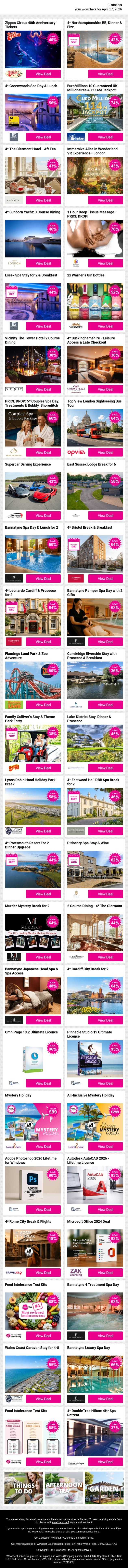 Amazing London deals like Zippos Circus 40th Anniversary Tickets and 4* Northamptonshire BB, Dinner & Fizz and 4* Greenwoods Spa Day & Lunch plus MORE !!! email from Wowcher screenshot