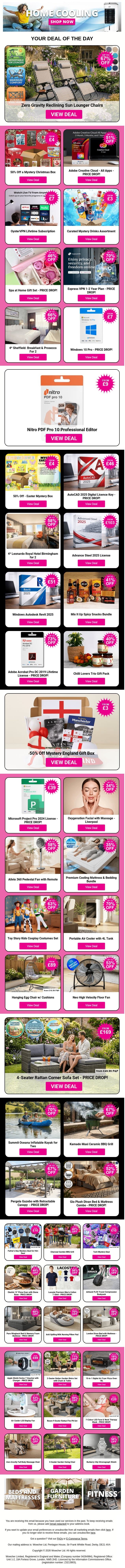 Zero Gravity Reclining Sun Lounger Chairs | 50% Off a Mystery Christmas Box | Adobe Creative Cloud - All Apps | OysterVPN Lifetime Subscription | Curated Mystery Drinks Assortment email from Wowcher screenshot