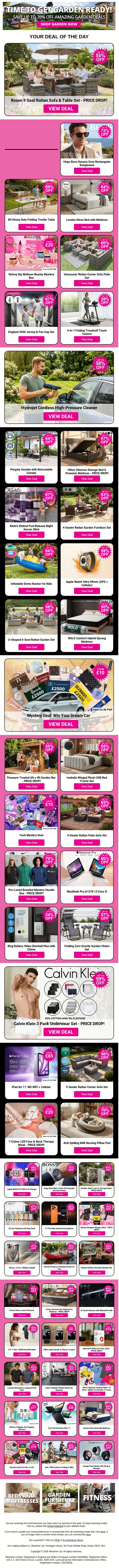 Grab Amazing Deals Like Rosen 9 Seat Rattan Sofa & Table Set - PRICE DROP! and Compact 4-in-1 Portable Air Conditioner and Hugo Boss Havana Grey Rectangular Sunglasses plus MORE !!! email from Wowcher screenshot