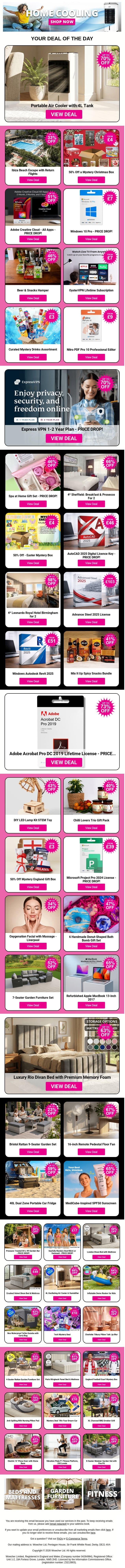 Portable Air Cooler with 4L Tank | Ibiza Beach Escape with Return Flights | 50% Off a Mystery Christmas Box | Adobe Creative Cloud - All Apps | Windows 10 Pro - PRICE DROP! email from Wowcher screenshot