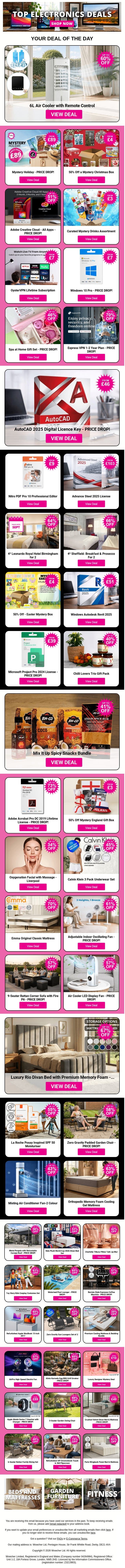 6L Air Cooler with Remote Control | Mystery Holiday - PRICE DROP! | 50% Off a Mystery Christmas Box | Adobe Creative Cloud - All Apps | Curated Mystery Drinks Assortment email from Wowcher screenshot