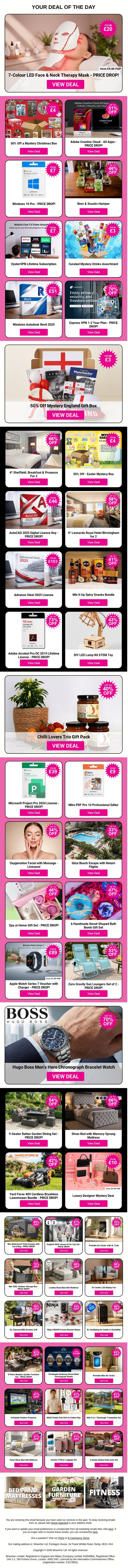 7-Colour LED Face & Neck Therapy Mask - PRICE DROP! | 50% Off a Mystery Christmas Box | Adobe Creative Cloud - All Apps | Windows 10 Pro - PRICE DROP! | Beer & Snacks Hamper email from Wowcher screenshot