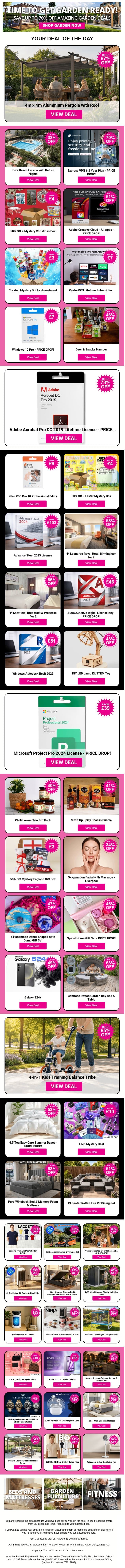 4m x 4m Aluminium Pergola with Roof | Ibiza Beach Escape with Return Flights | Express VPN 1-2 Year Plan - PRICE DROP! | 50% Off a Mystery Christmas Box | Adobe Creative Cloud - All Apps email from Wowcher screenshot