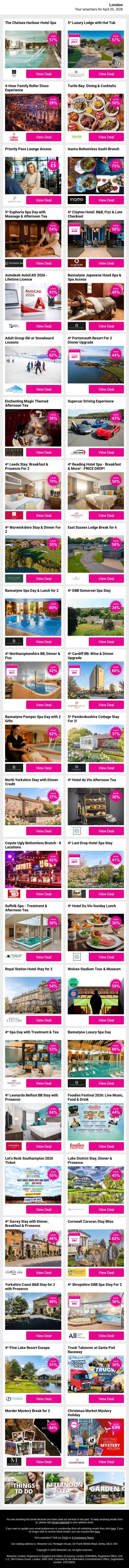 The Chelsea Harbour Hotel Spa | 5* Luxury Lodge with Hot Tub | 4-Hour Family Roller Disco Experience | Turtle Bay: Dining & Cocktails | Priority Pass Lounge Access email from Wowcher screenshot