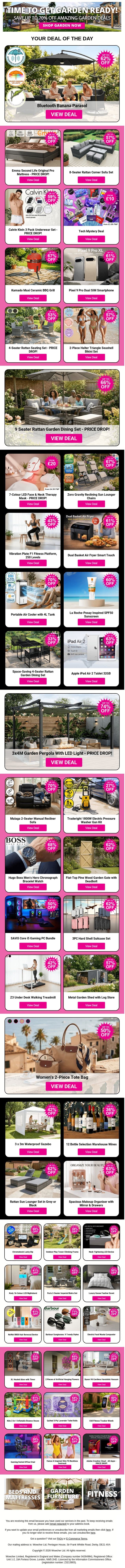 Bluetooth Banana Parasol | Emma Second Life Original Pro Mattress - PRICE DROP! | 8-Seater Rattan Corner Sofa Set | Calvin Klein 3 Pack Underwear Set - PRICE DROP! | Tech Mystery Deal email from Wowcher screenshot